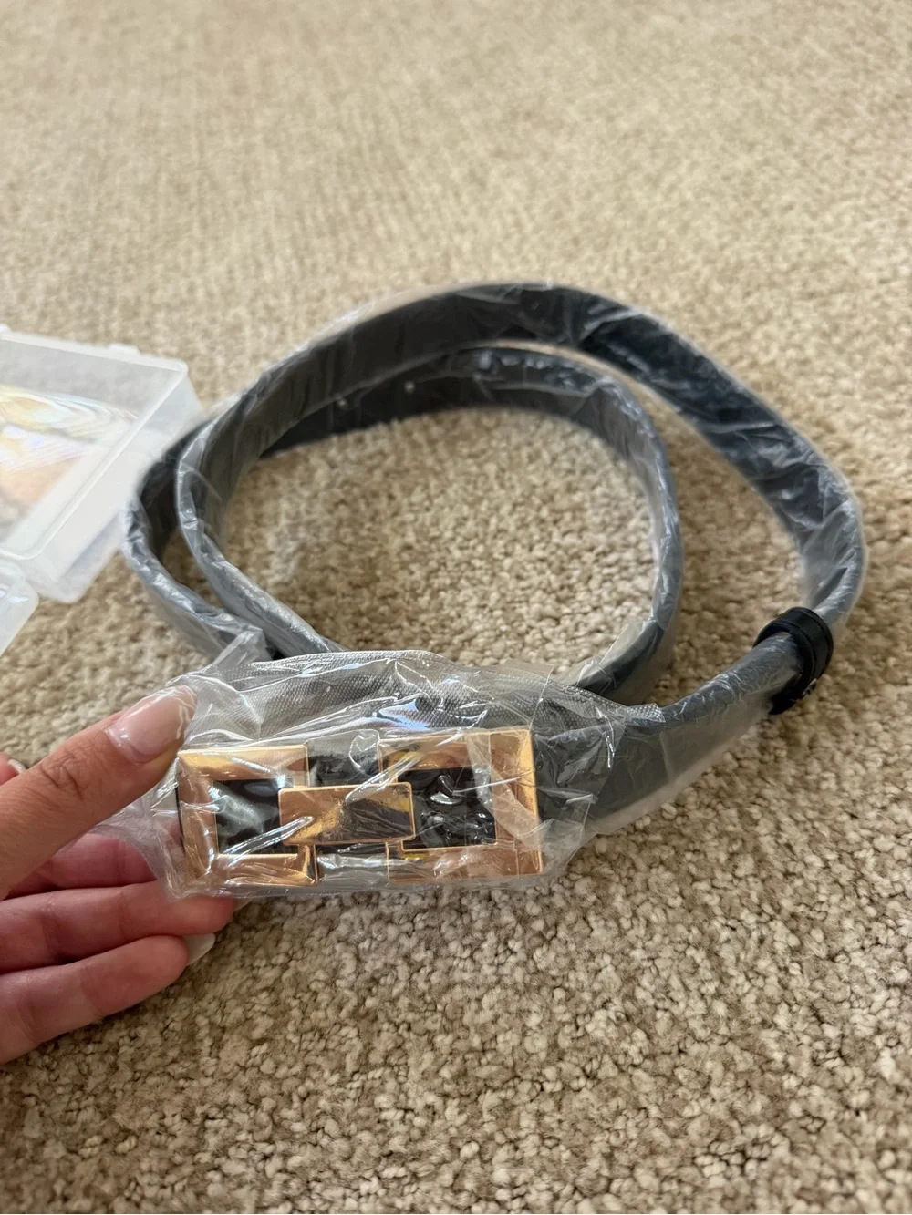 Brand New Black Leather Waist Belt with Gold Geometric Buckle Waist Size 25”-34”